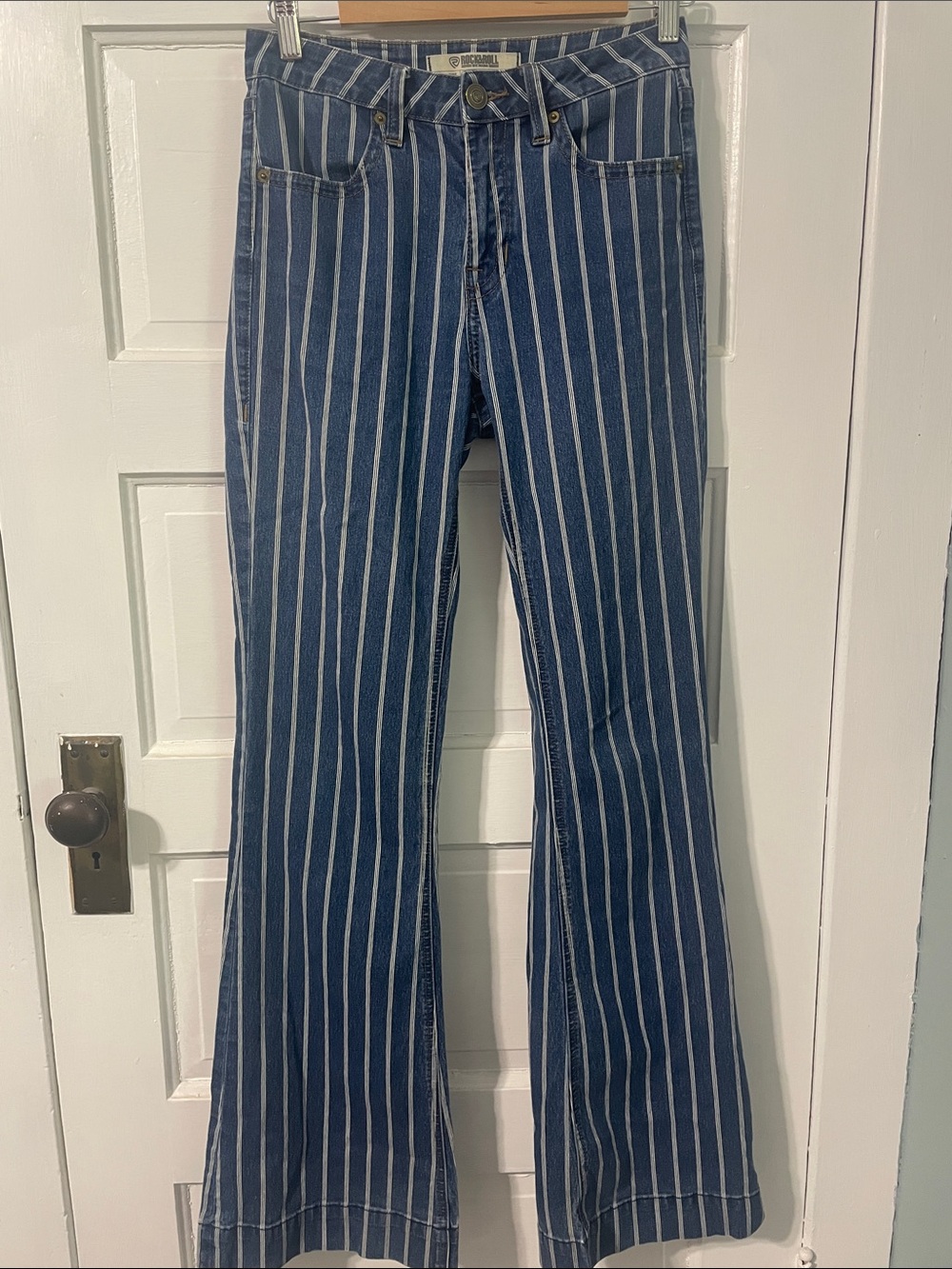 Rock&Roll Striped Blue Flare Jeans - Women's Wide Leg